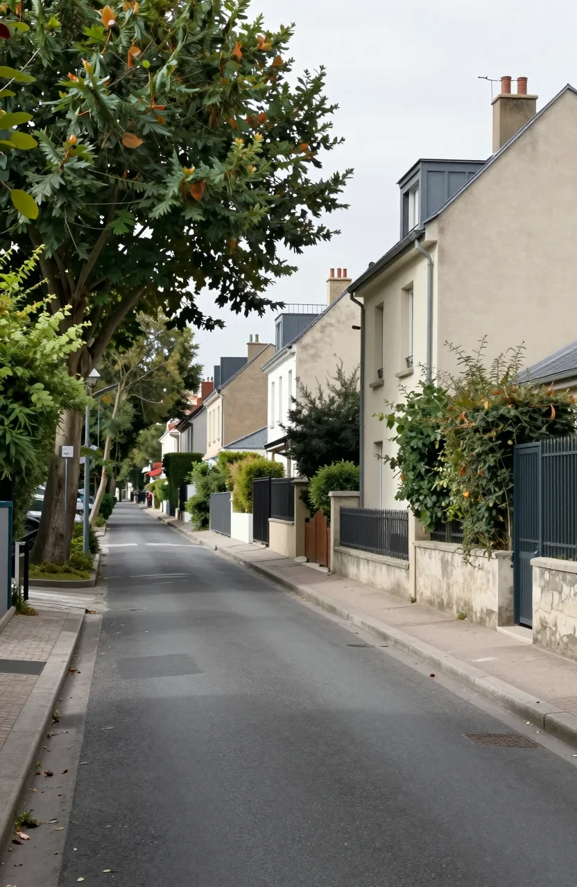 Vue d une rue residenteille calme en banlieue parisienne sous une lumiere naturelle douce