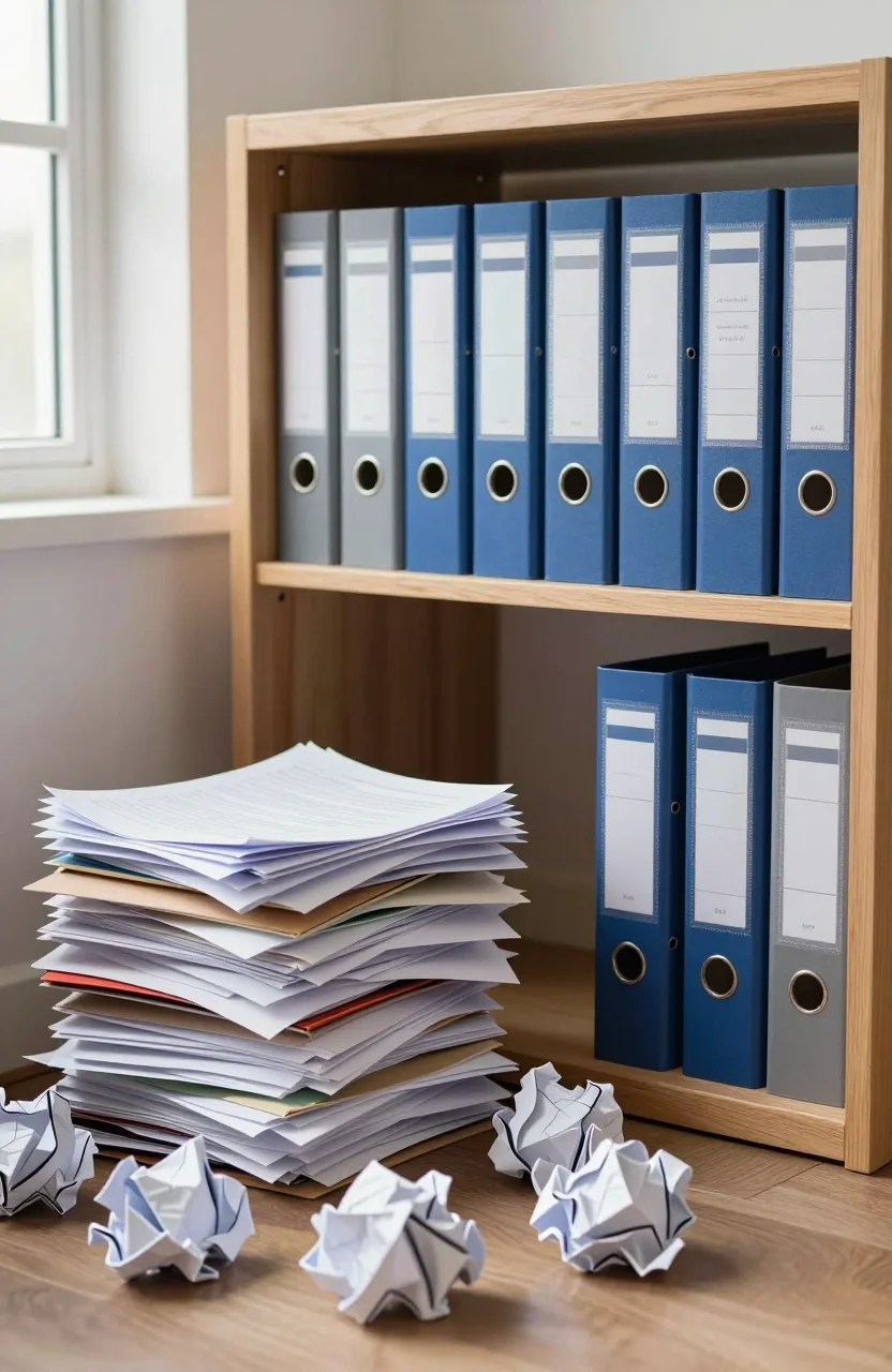 Curated shelf of labeled project binders next to a messy pile of discarded papers