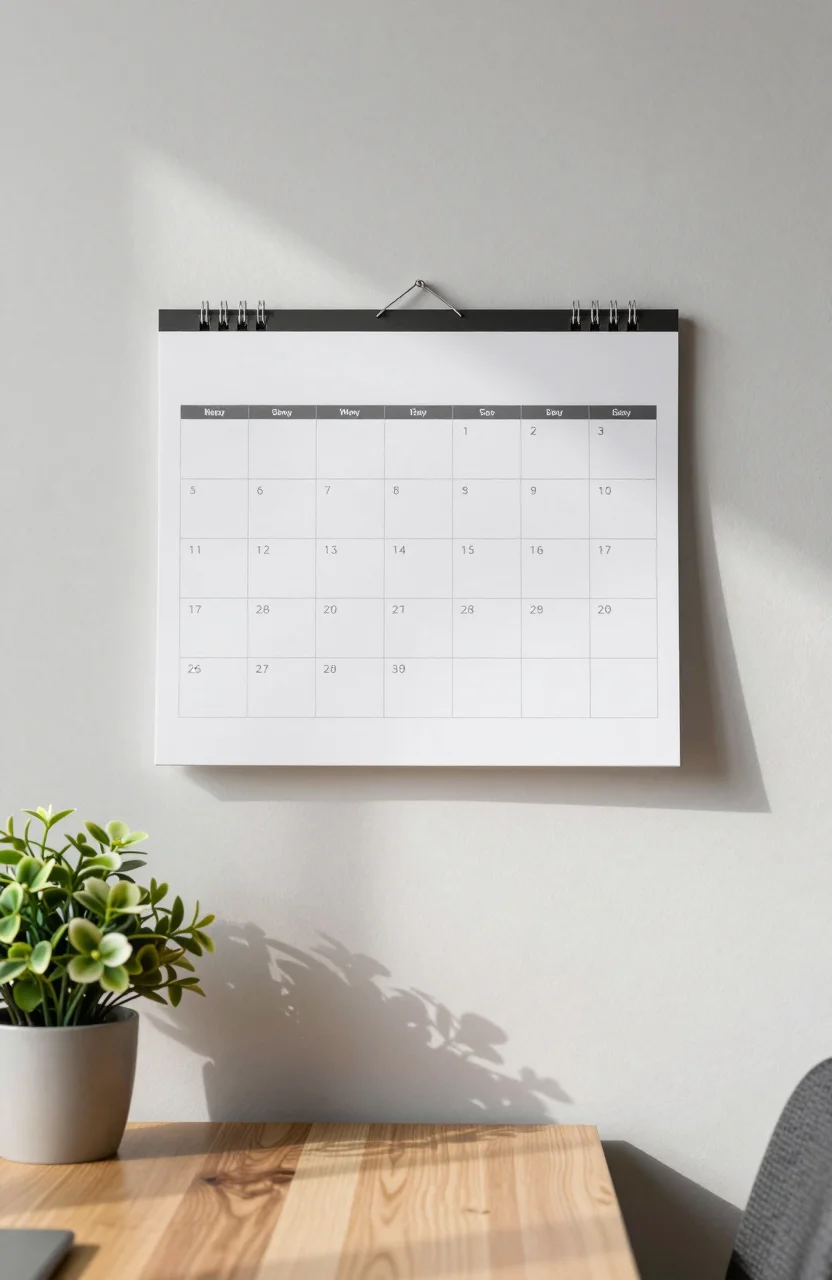 Wall calendar and plant on a sunlit table in a quiet office corner