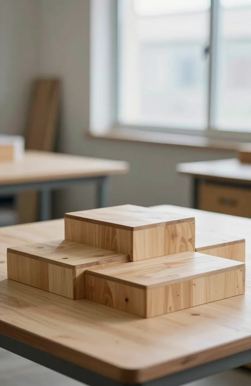 Wooden ranking podium with three empty steps in soft daylight