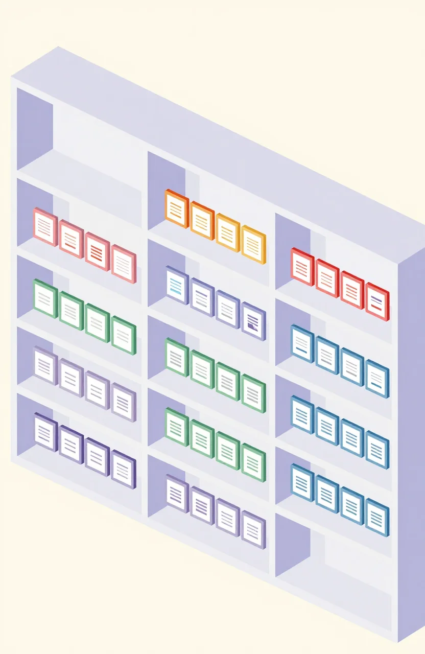 Organized shelves of project cards in light pastel categories