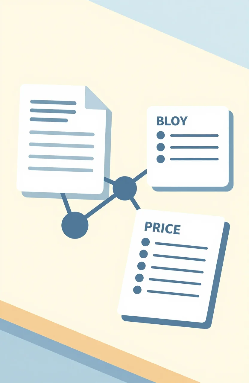 Connected nodes linking a blog page, directory card, and pricing sheet on a light workspace