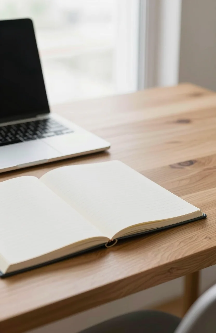 Notebook and closed laptop on a wooden desk near a bright window