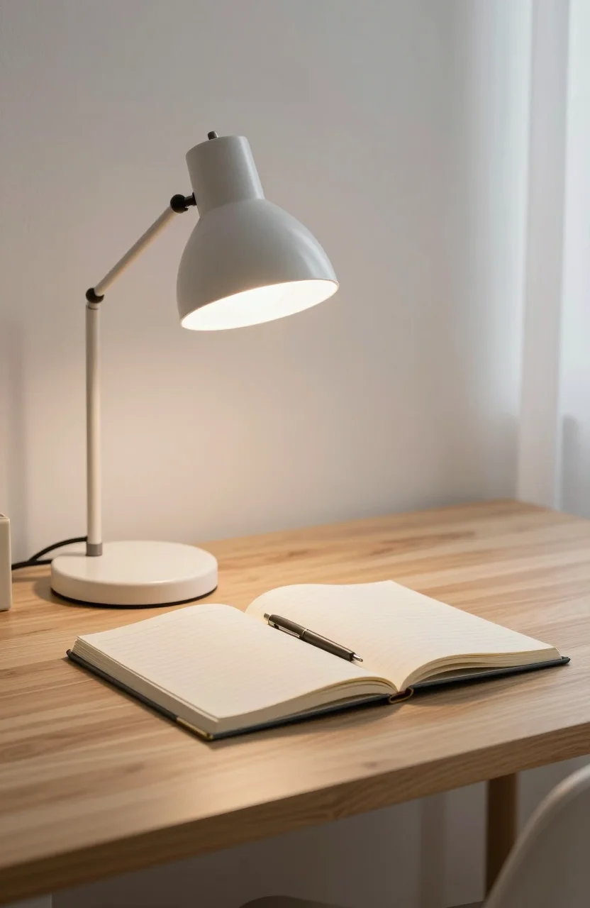 Single lit desk lamp beside a closed notebook on a bright desk