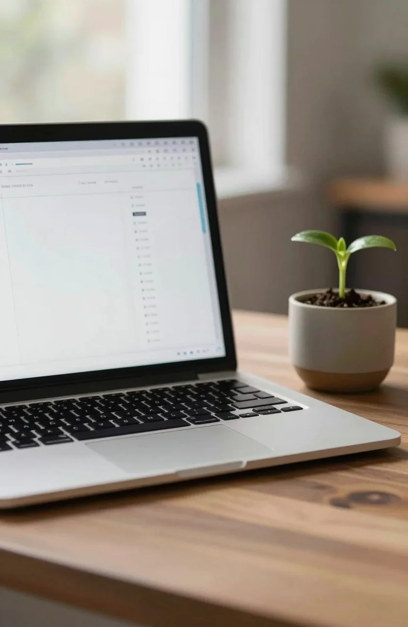 Empty analytics dashboard on a laptop beside a young seedling on a desk