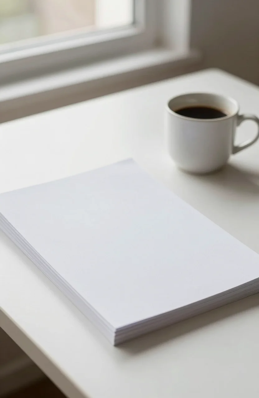 Calm workspace with paper charts and a coffee cup on a bright desk
