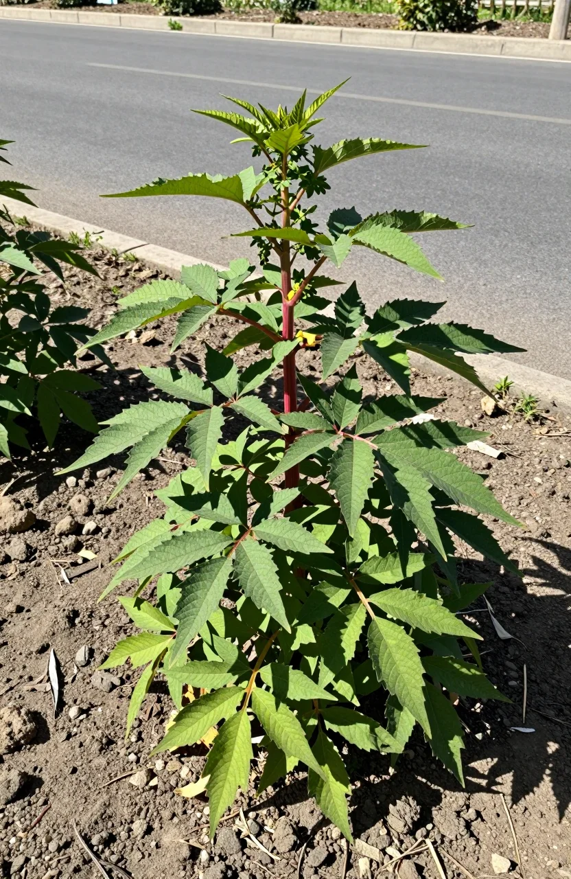Plant d'ambroisie aux feuilles découpées sur un terrain en friche urbaine