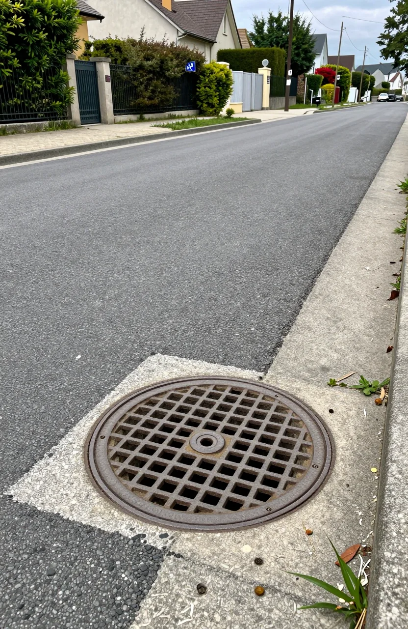 Regard d'assainissement sur une rue résidentielle en journée