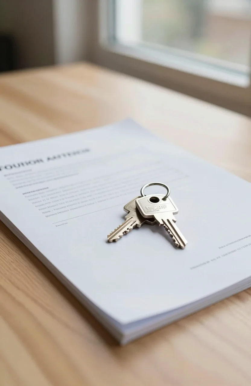 Documents administratifs et clés de logement sur une table en bois claire