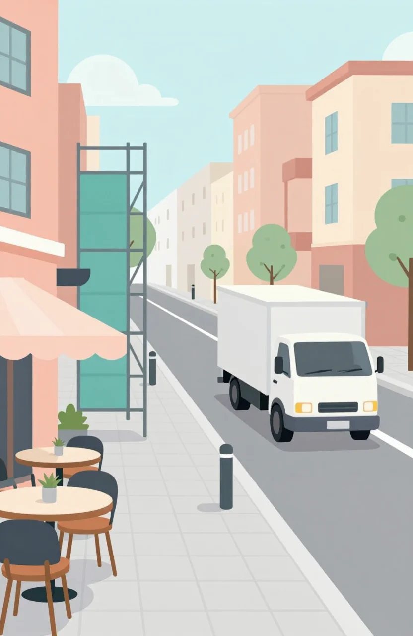 Illustration claire d'une rue avec terrasse, camion et échafaudage sur le domaine public