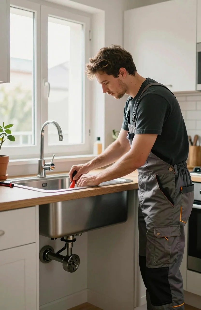 Technicien plomberie intervenant dans une cuisine