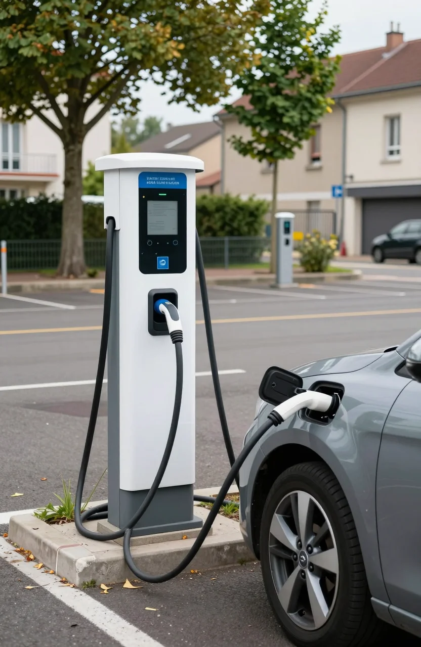 Borne de recharge électrique sur un parking communal en journée