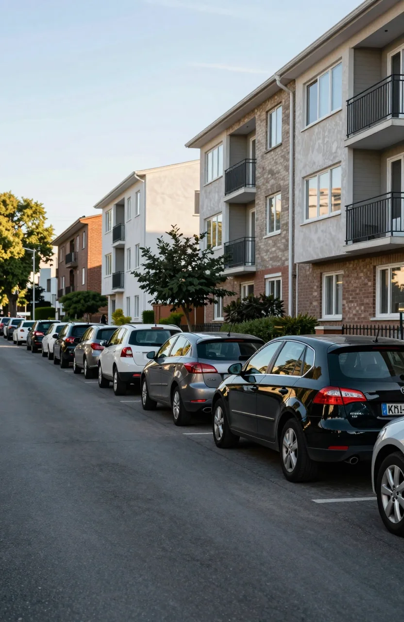 Rue résidentielle urbaine avec voitures stationnées le long du trottoir en journée