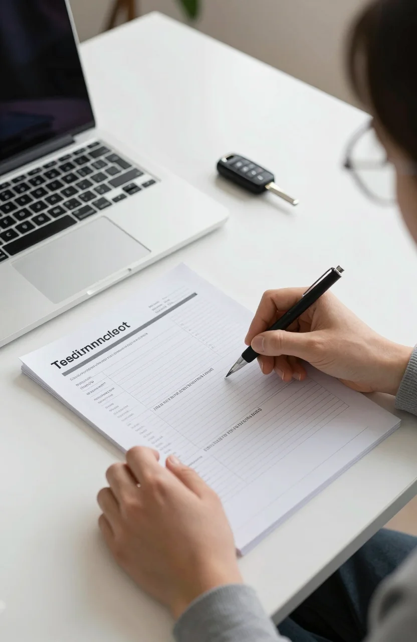 Conducteur consultant un dossier véhicule sur un ordinateur portable