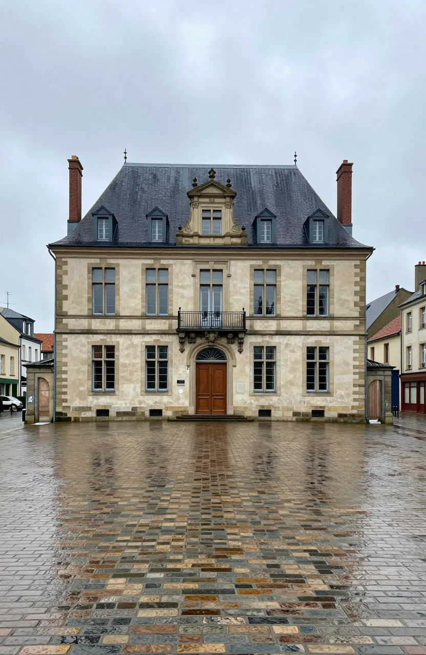 Façade de mairie française sous un ciel nuageux après intempéries
