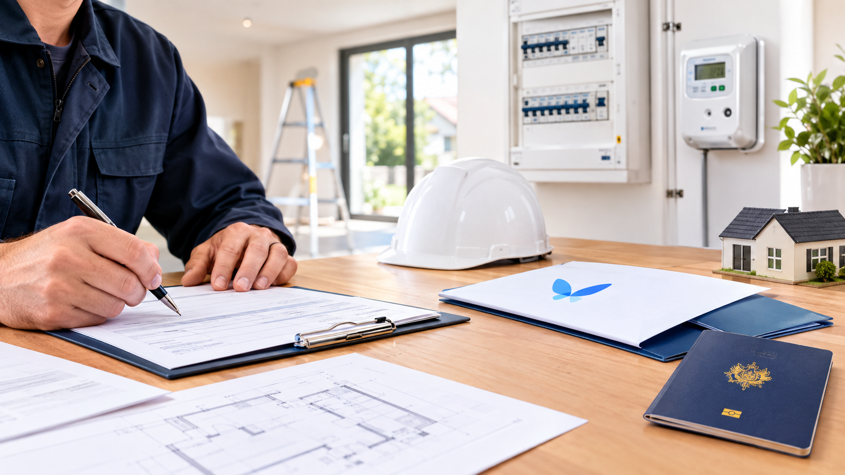 Tableau électrique résidentiel moderne dans une maison en travaux, lumière naturelle