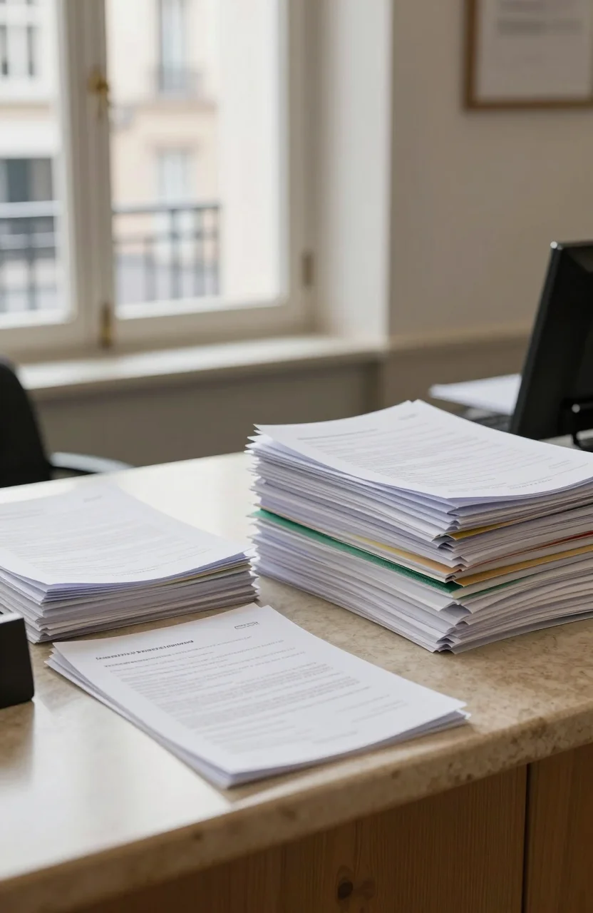 Guichet d'accueil d'une mairie française avec documents et photocopies sur le comptoir