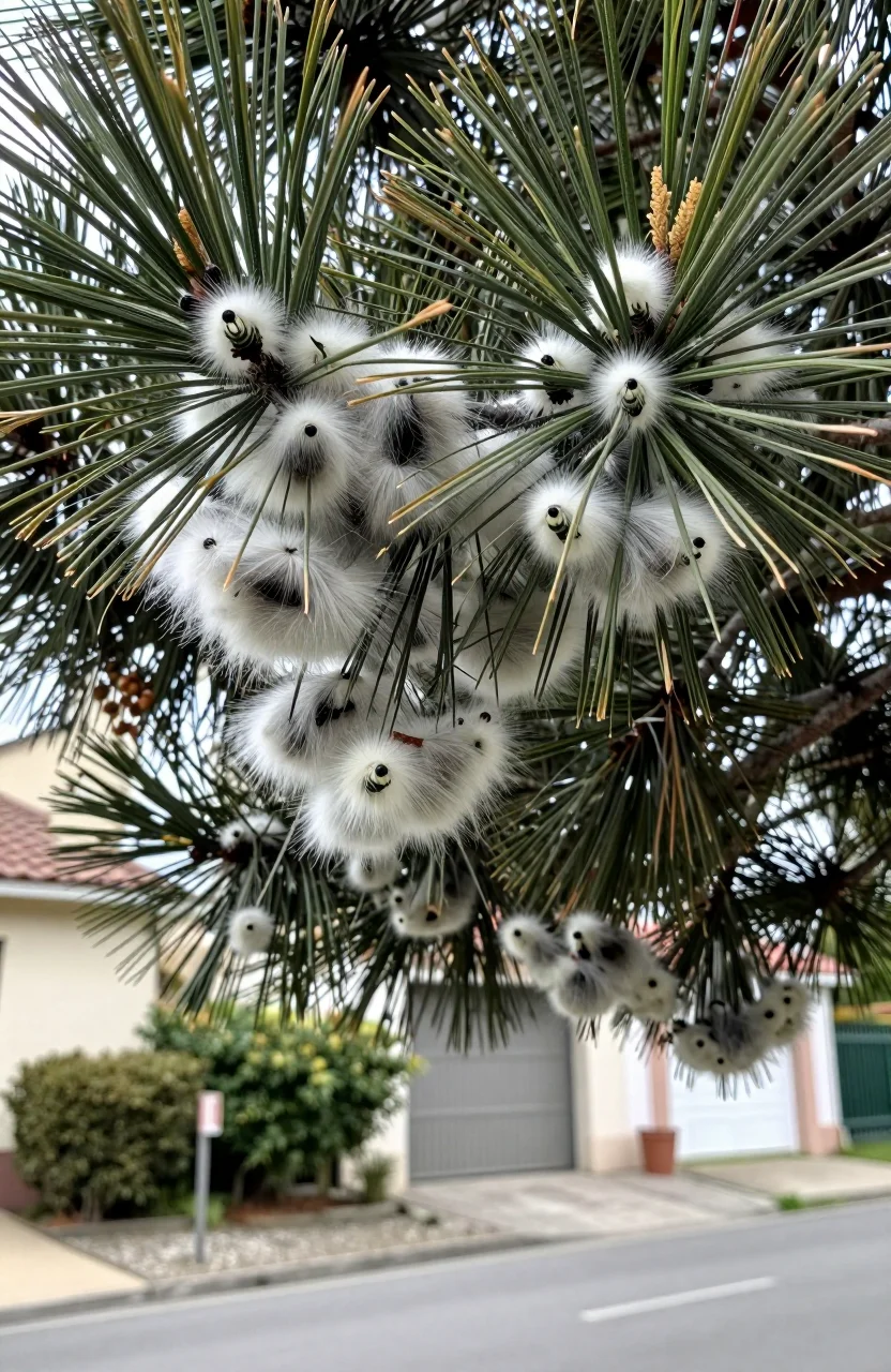 Nids de chenilles processionnaires dans les branches d un pin en bord de rue
