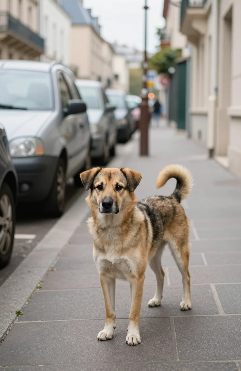 Chien errant observé depuis le trottoir dans une rue résidentielle française