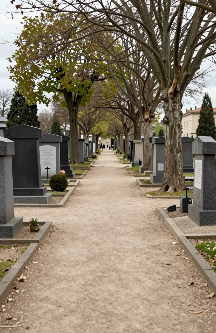 Allée calme d'un cimetière communal bordée d'arbres