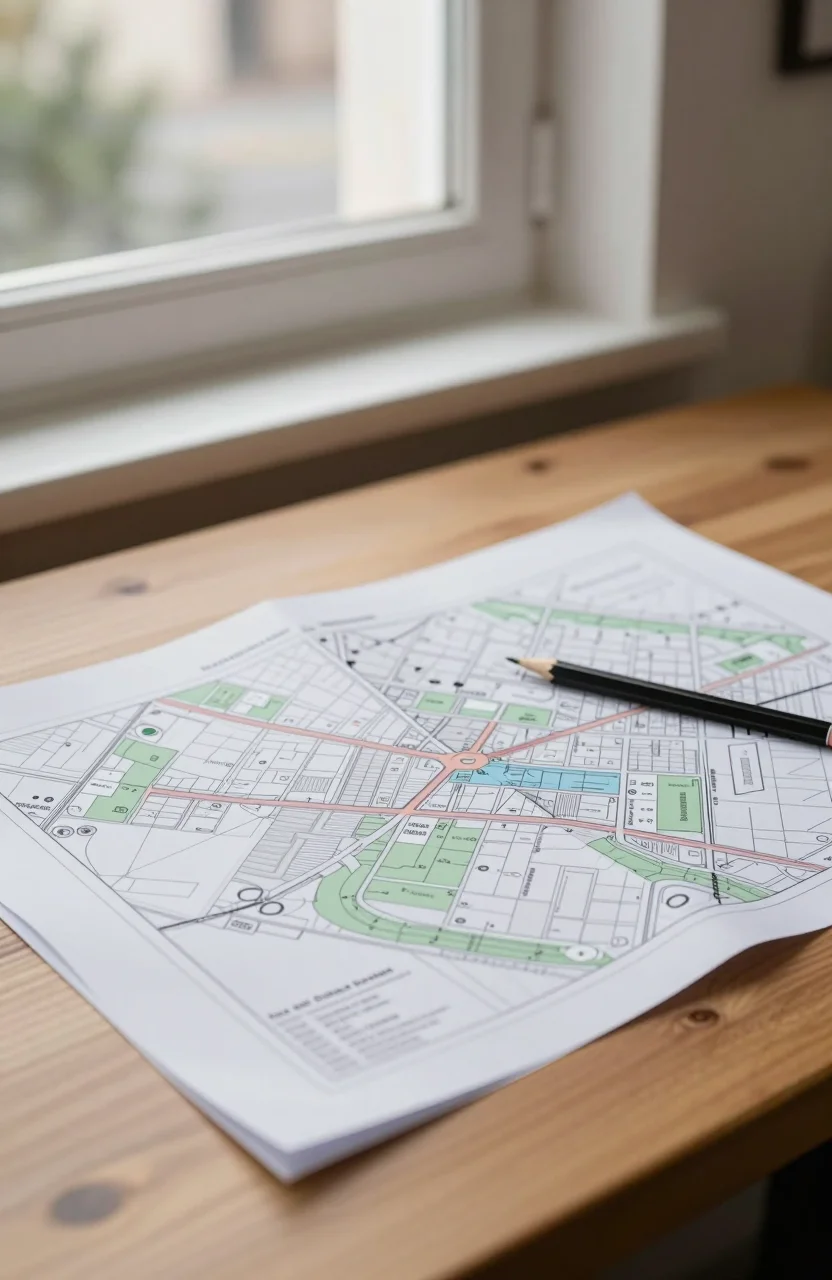 Plan cadastral papier et stylo sur une table près d'une fenêtre en lumière naturelle