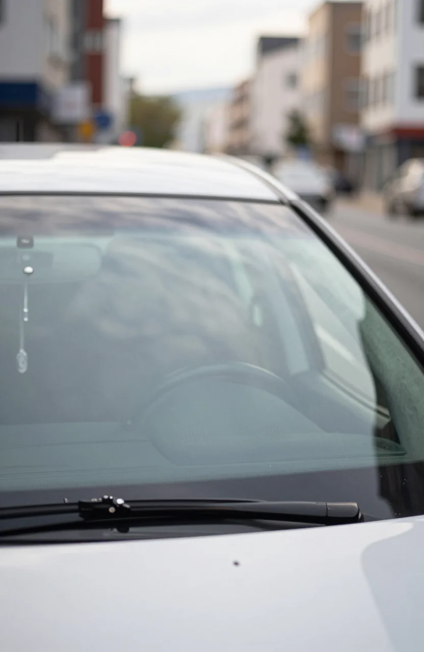 Pare-brise de voiture en ville avec circulation urbaine en arrière-plan