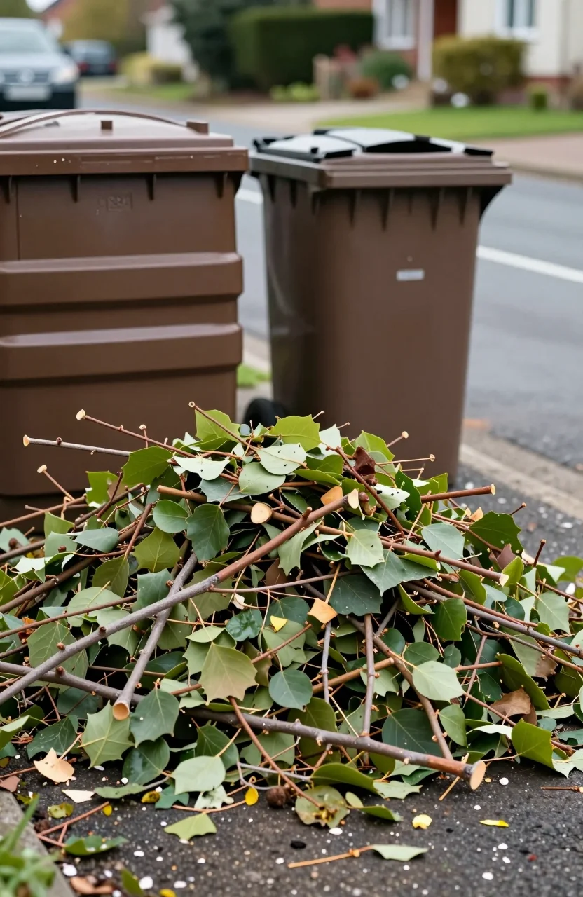 Tas de branches et feuilles de jardin près d'un bac de collecte végétaux