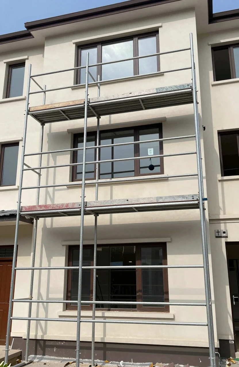 Façade de maison individuelle en cours de ravalement avec échafaudage léger