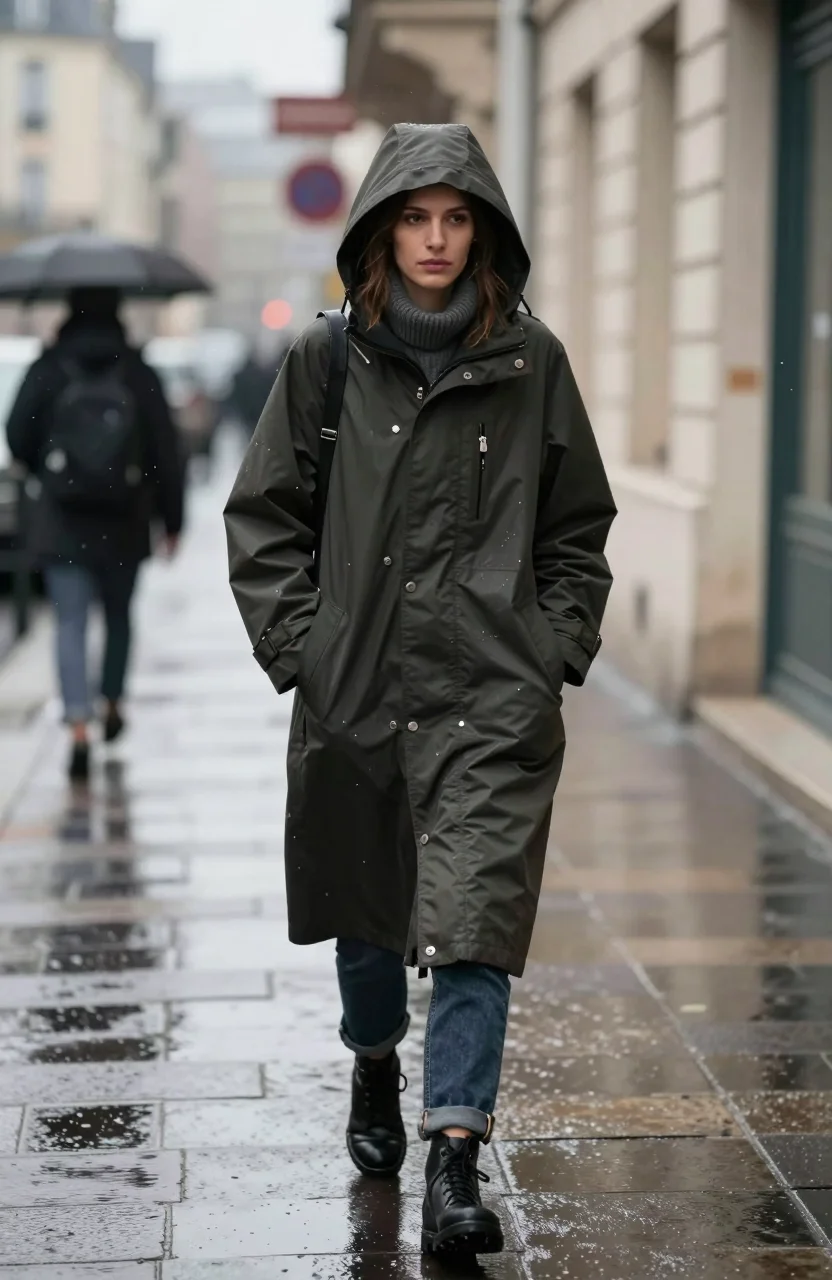 Personne en manteau de pluie dans une rue