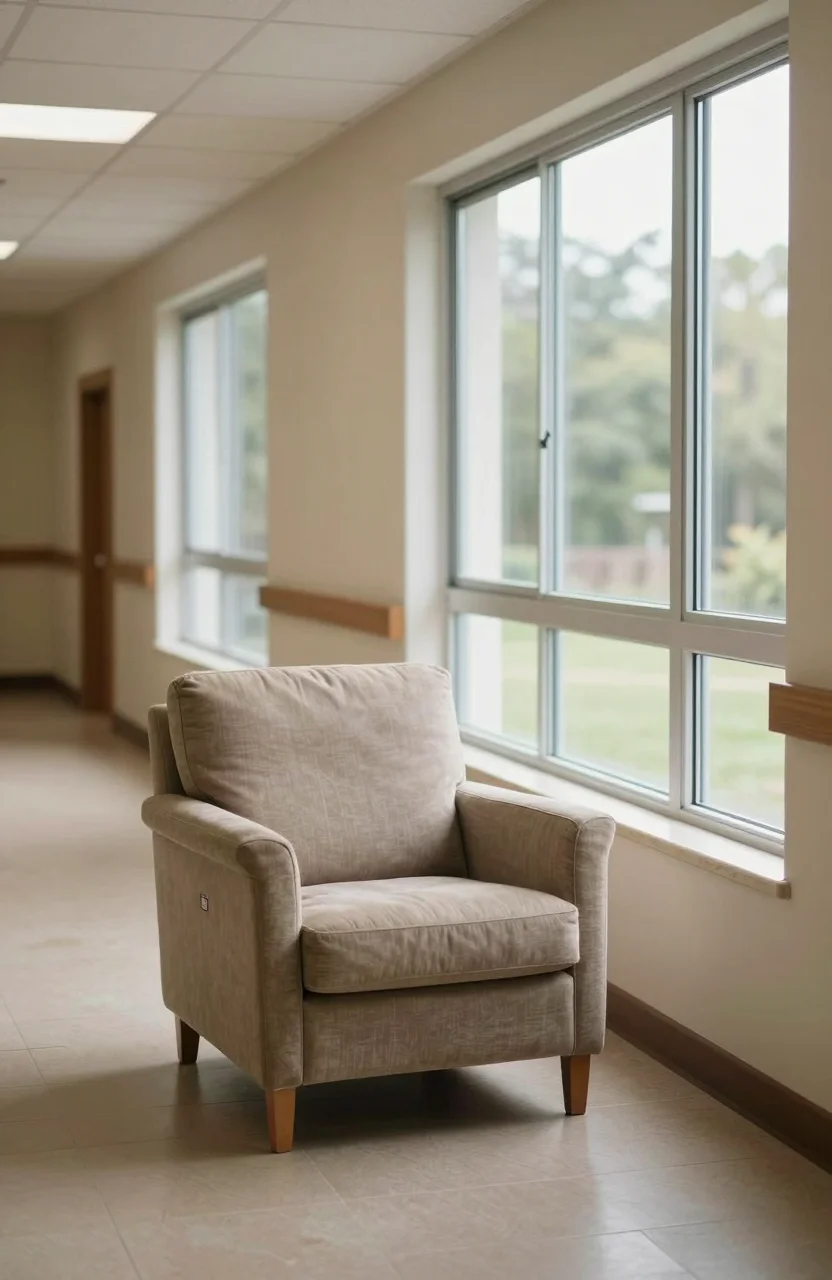 Couloir lumineux d'un établissement pour personnes âgées avec fauteuil vide près d'une fenêtre