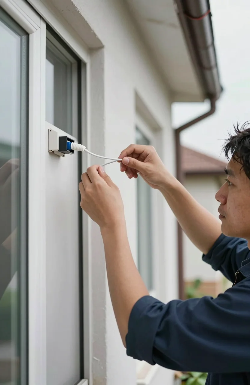 Technicien installant un câble de fibre optique près d'une façade résidentielle