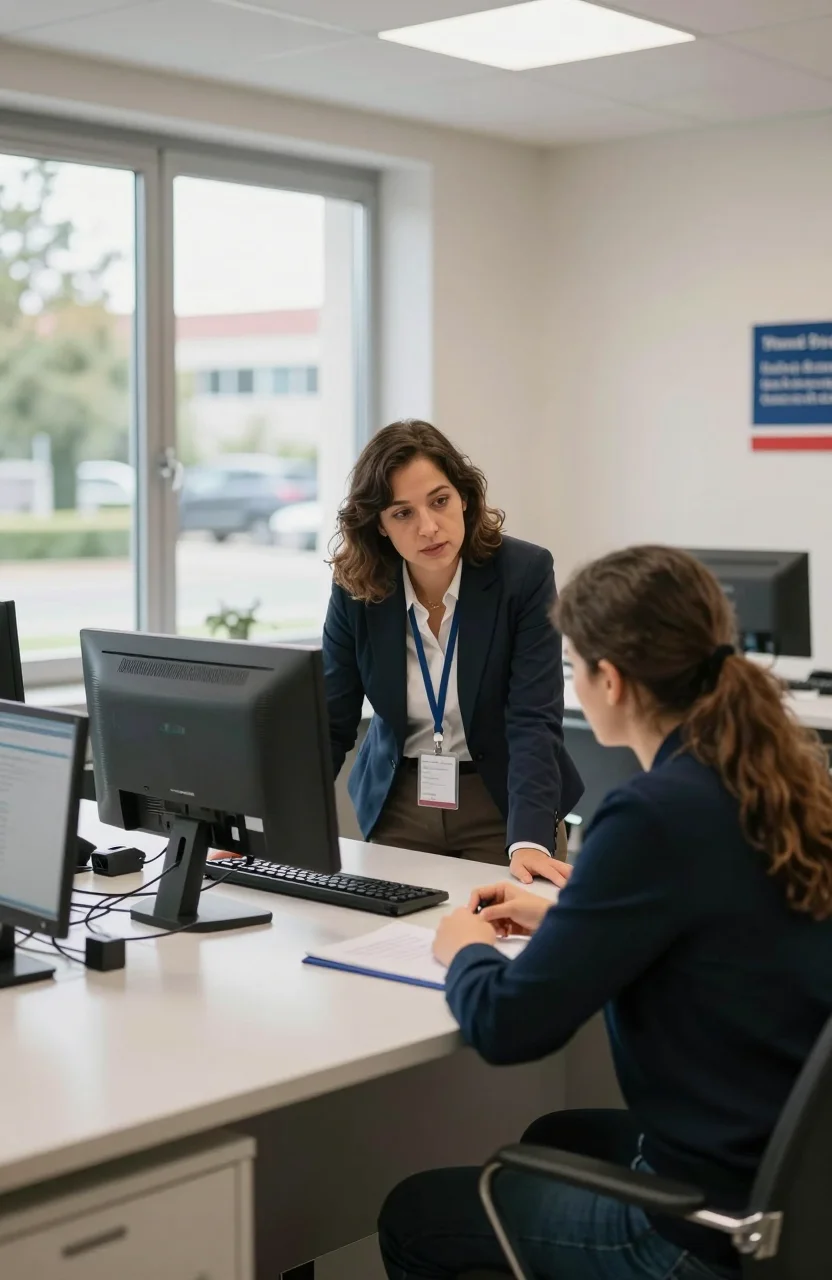 Accueil d'une maison France Services avec un conseiller aidant un usager sur un ordinateur