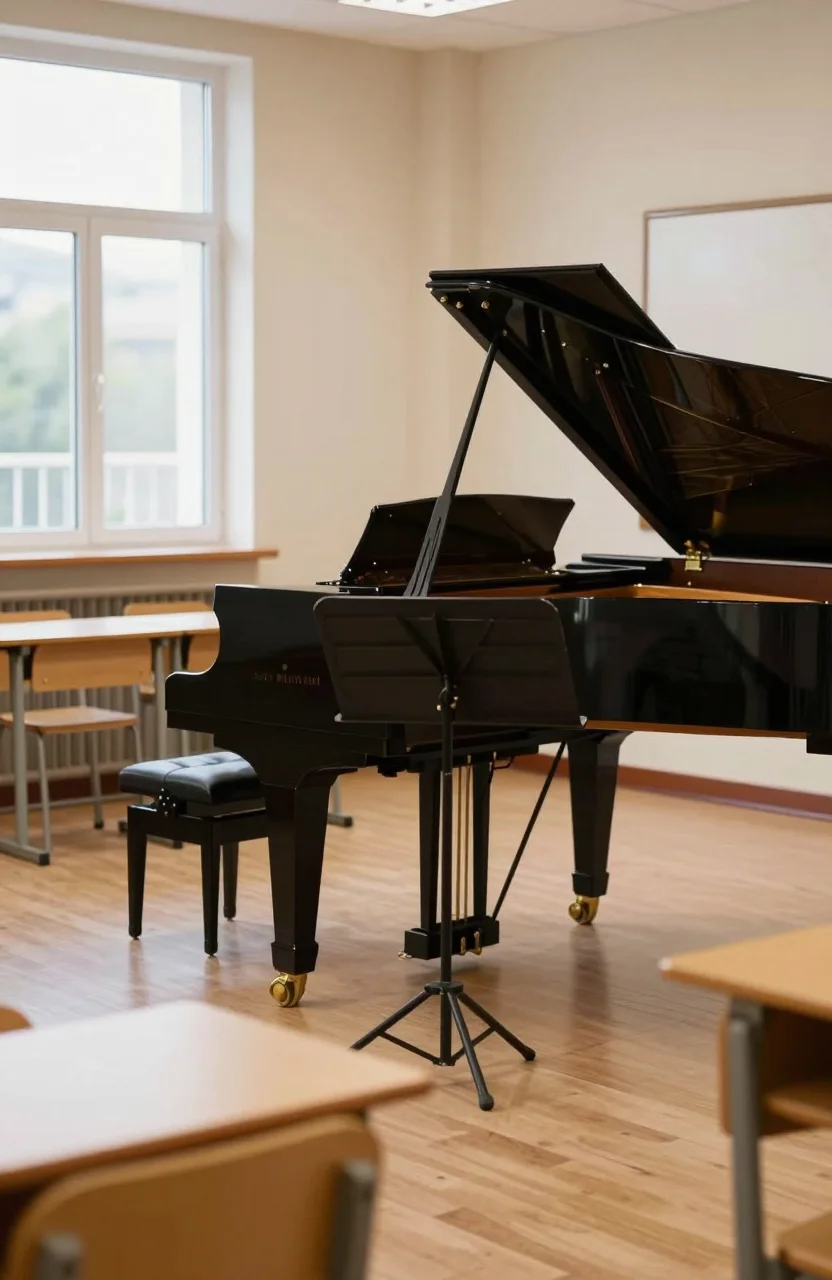 Salle de cours de musique avec pianos et pupitres dans un conservatoire municipal