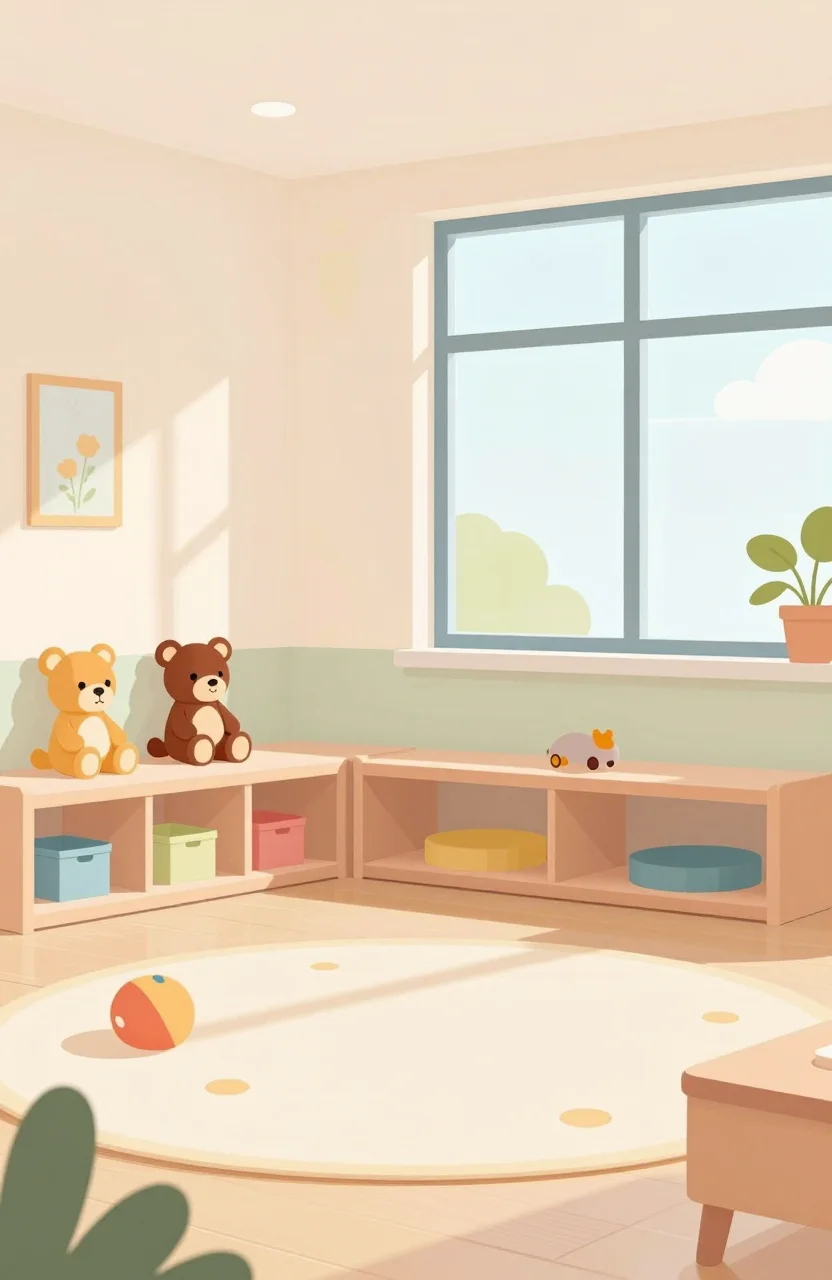 Illustration claire d'une crèche municipale avec jouets et accueil petite enfance