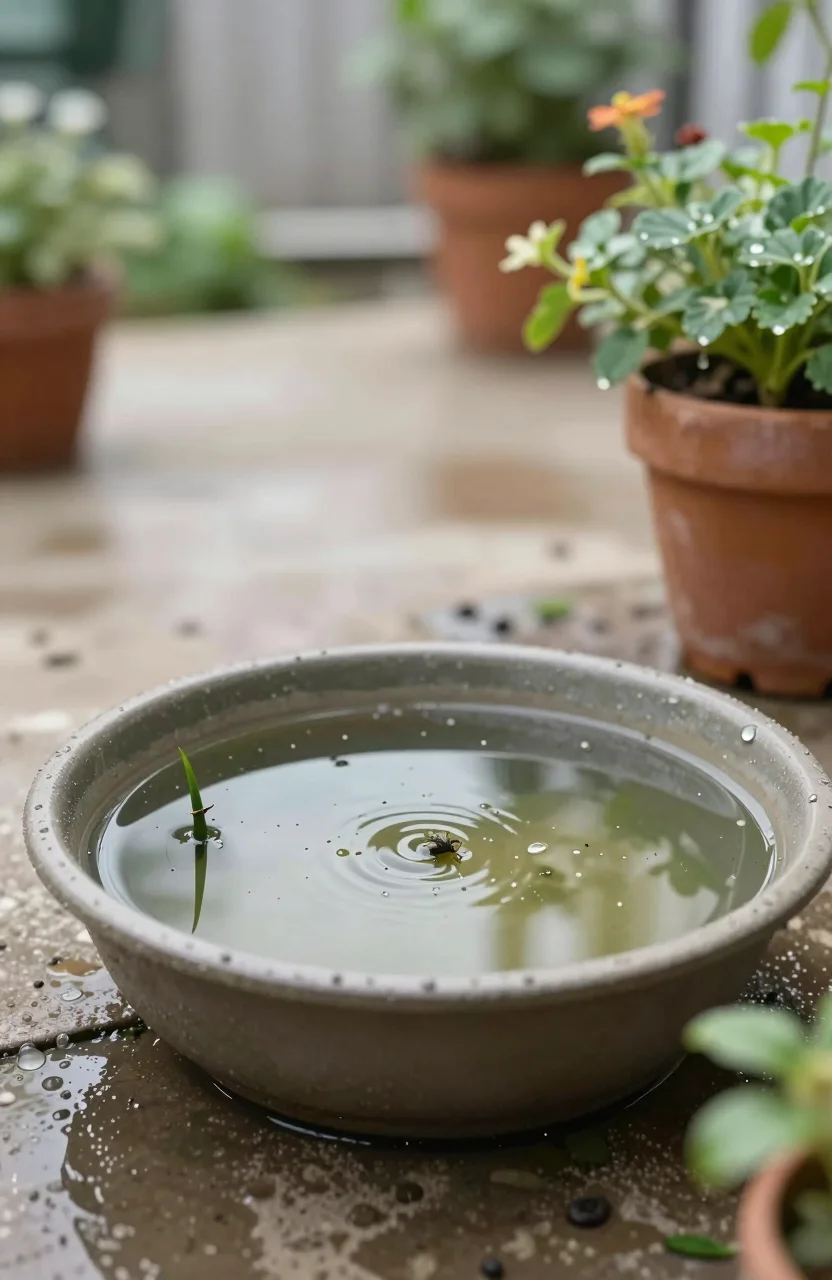 Seau et soucoupe avec eau stagnante dans un jardin de ville en ete