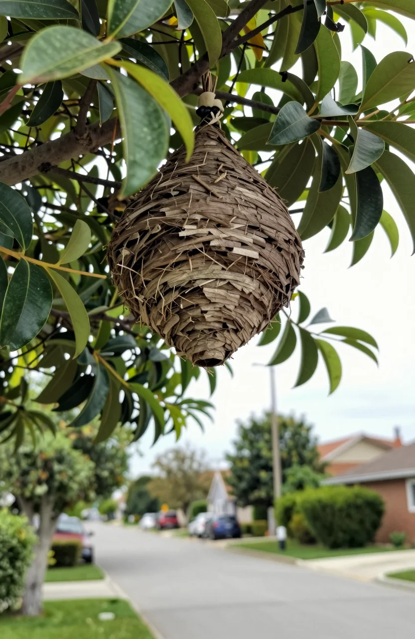 Nid de frelons en papier mâché suspendu dans un arbre en bordure de quartier