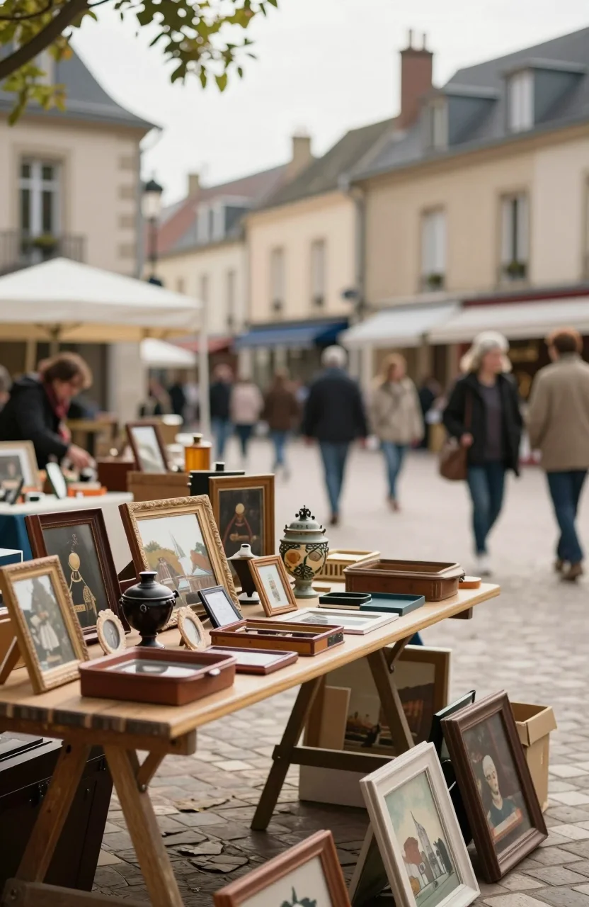 Stands de brocante installés sur une place communale en journée ensoleillée