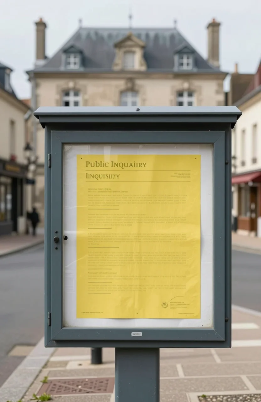 Panneau d'affichage communal en extérieur avec avis d'enquête sous lumière naturelle
