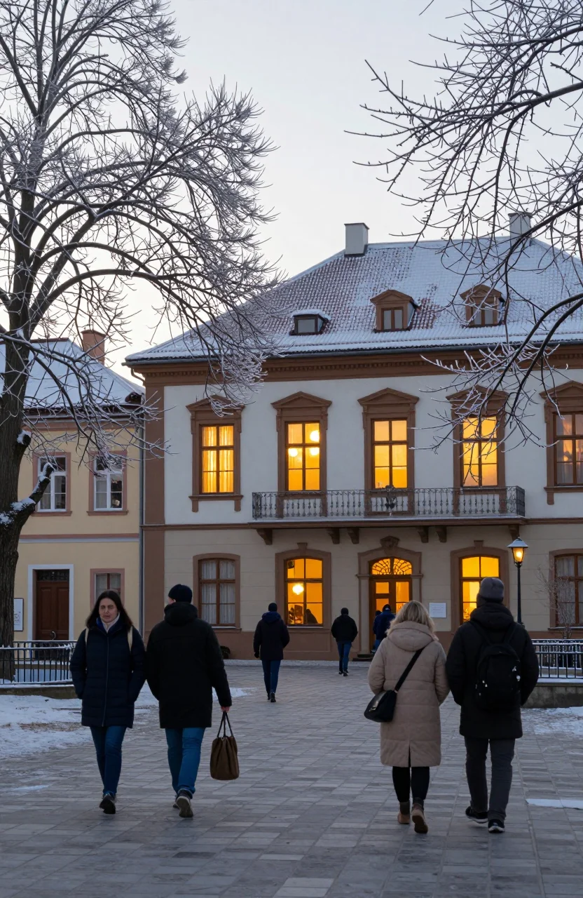 Place de ville enneigée avec façade de mairie et passants emmitouflés en hiver