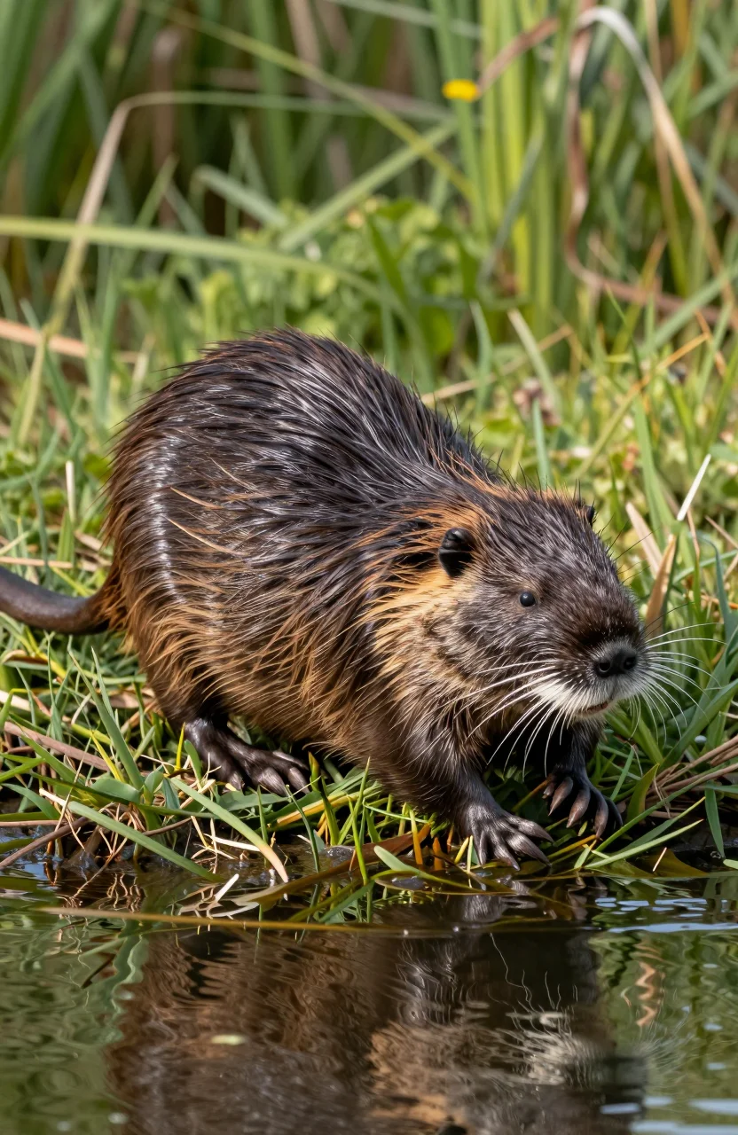 Ragondin brun près d'une berge herbeuse au bord de l'eau