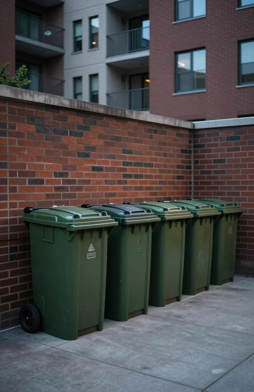 Local à ordures urbain avec bacs fermés le long d’un mur de cour d’immeuble