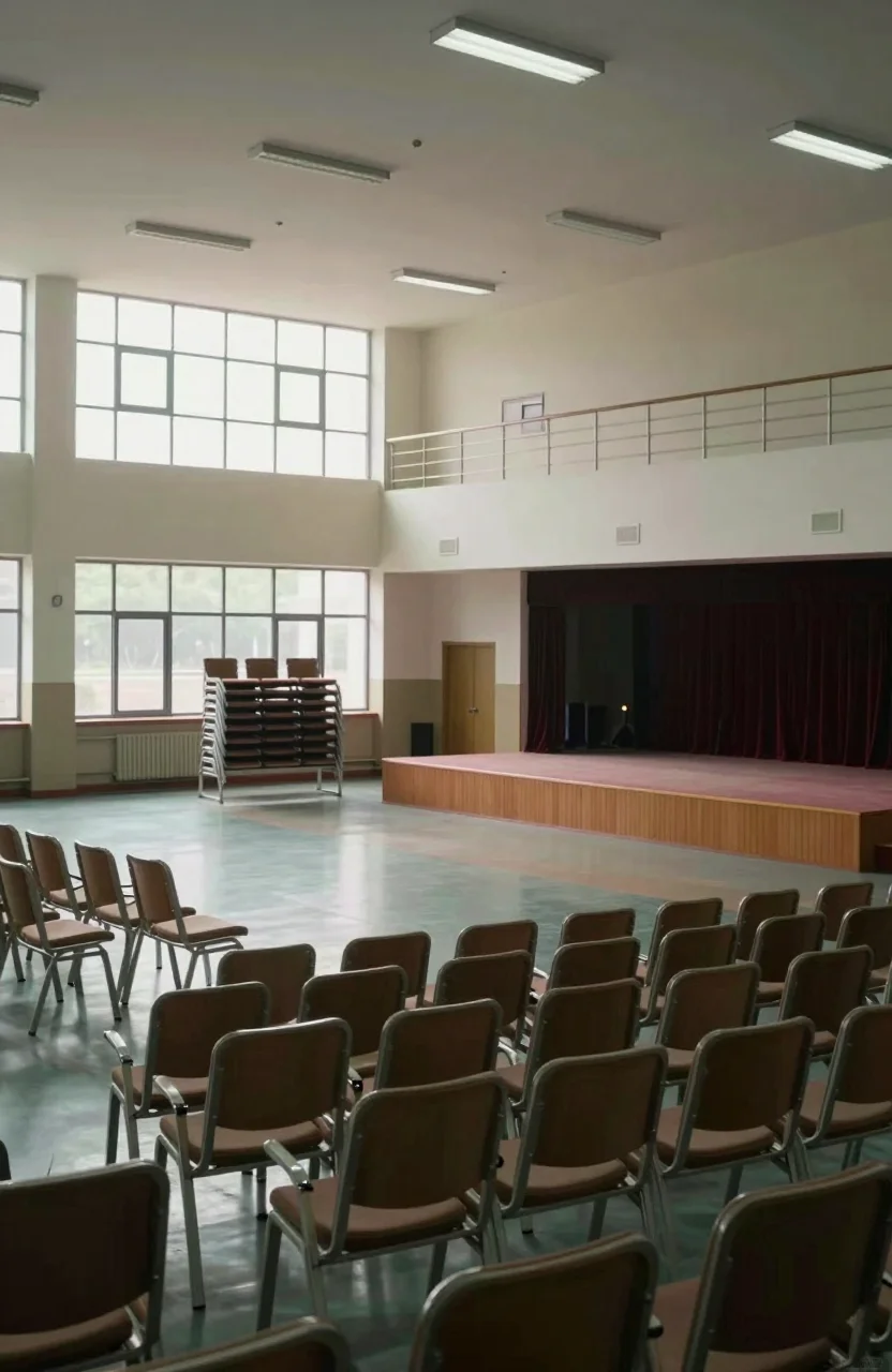 Grande salle polyvalente vide avec chaises rangées et estrade dans une mairie
