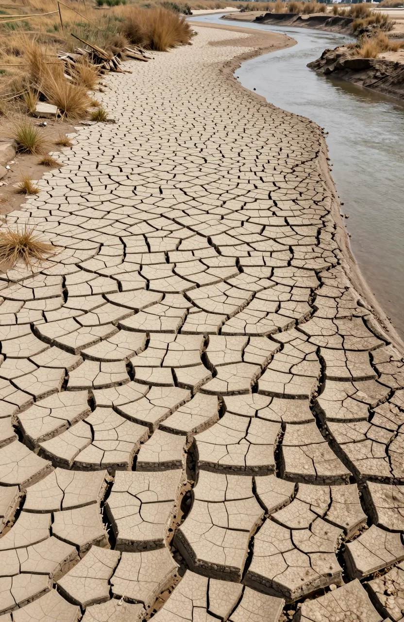 Sol craquelé d'un lit de rivière à sec sous un ciel clair d'été