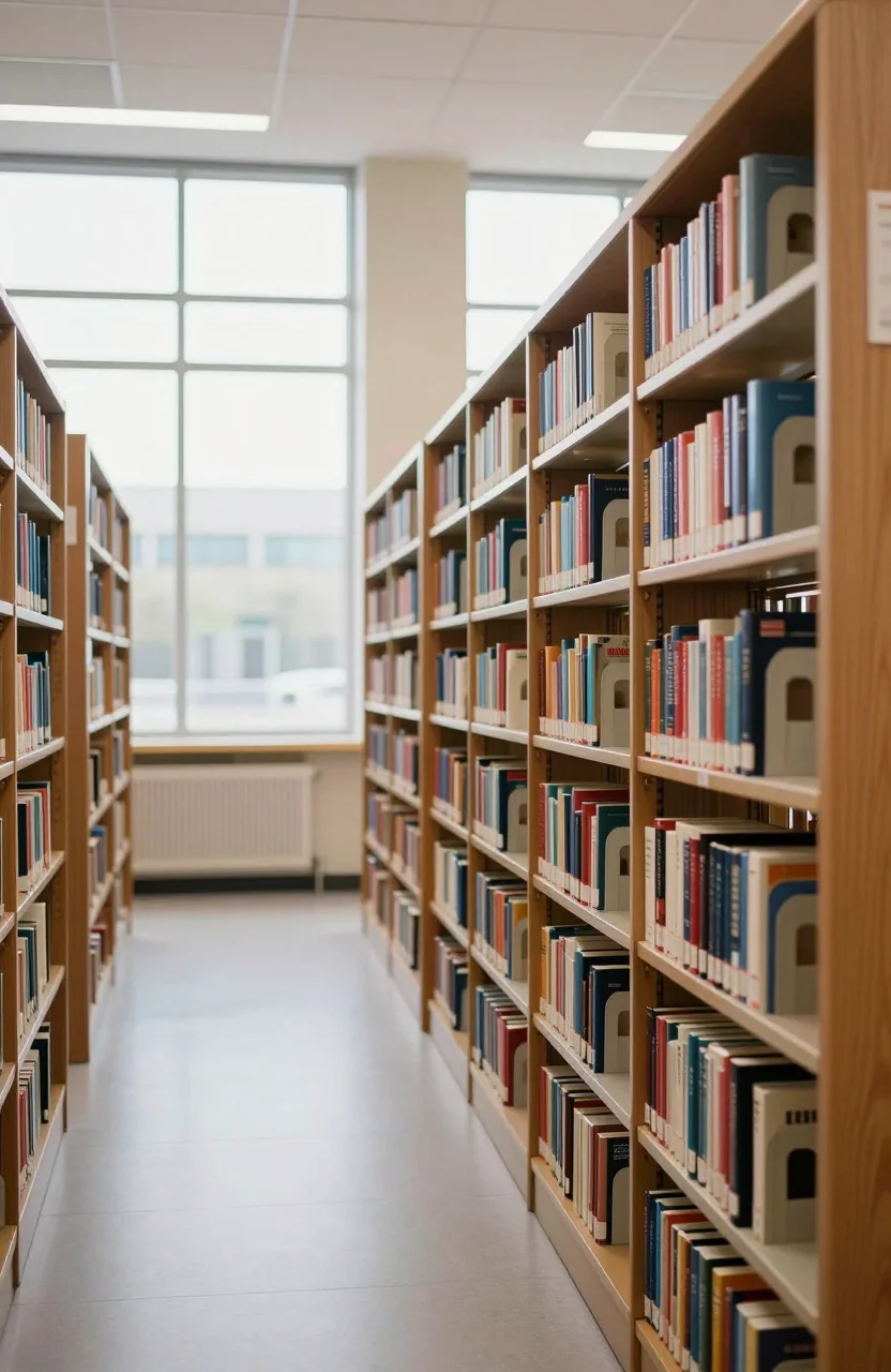 Rayonnages de livres dans une bibliothèque municipale lumineuse vue depuis une allée centrale