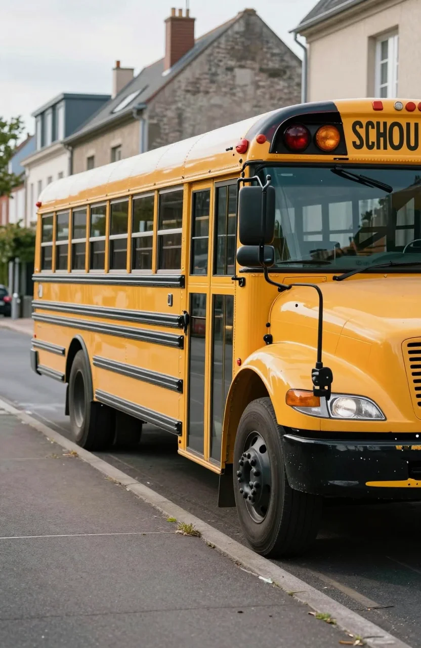 Car scolaire jaune près d'un arrêt en zone résidentielle, matin de semaine
