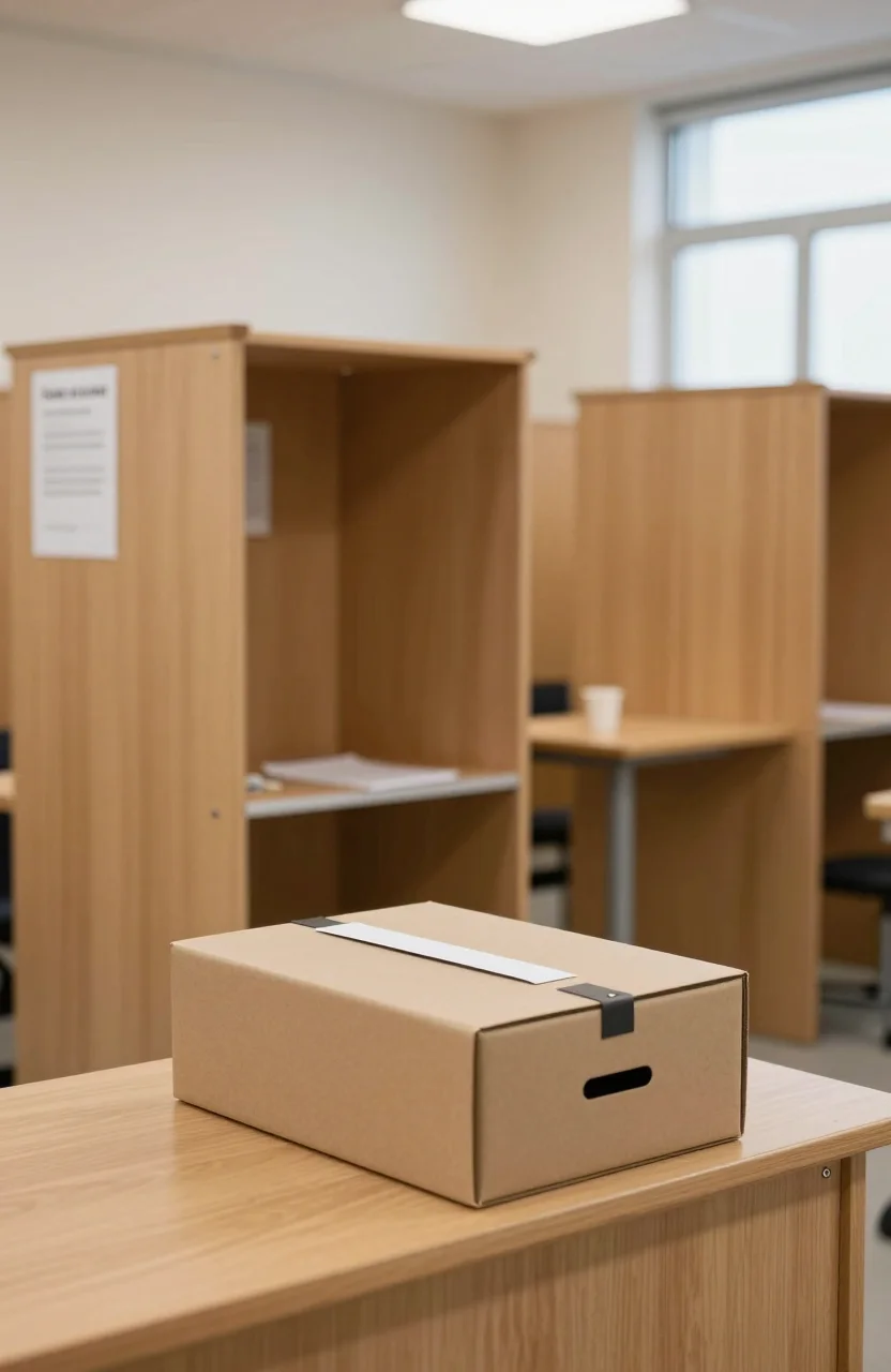 Bureau de vote français avec isoloirs et urne le jour d'une élection