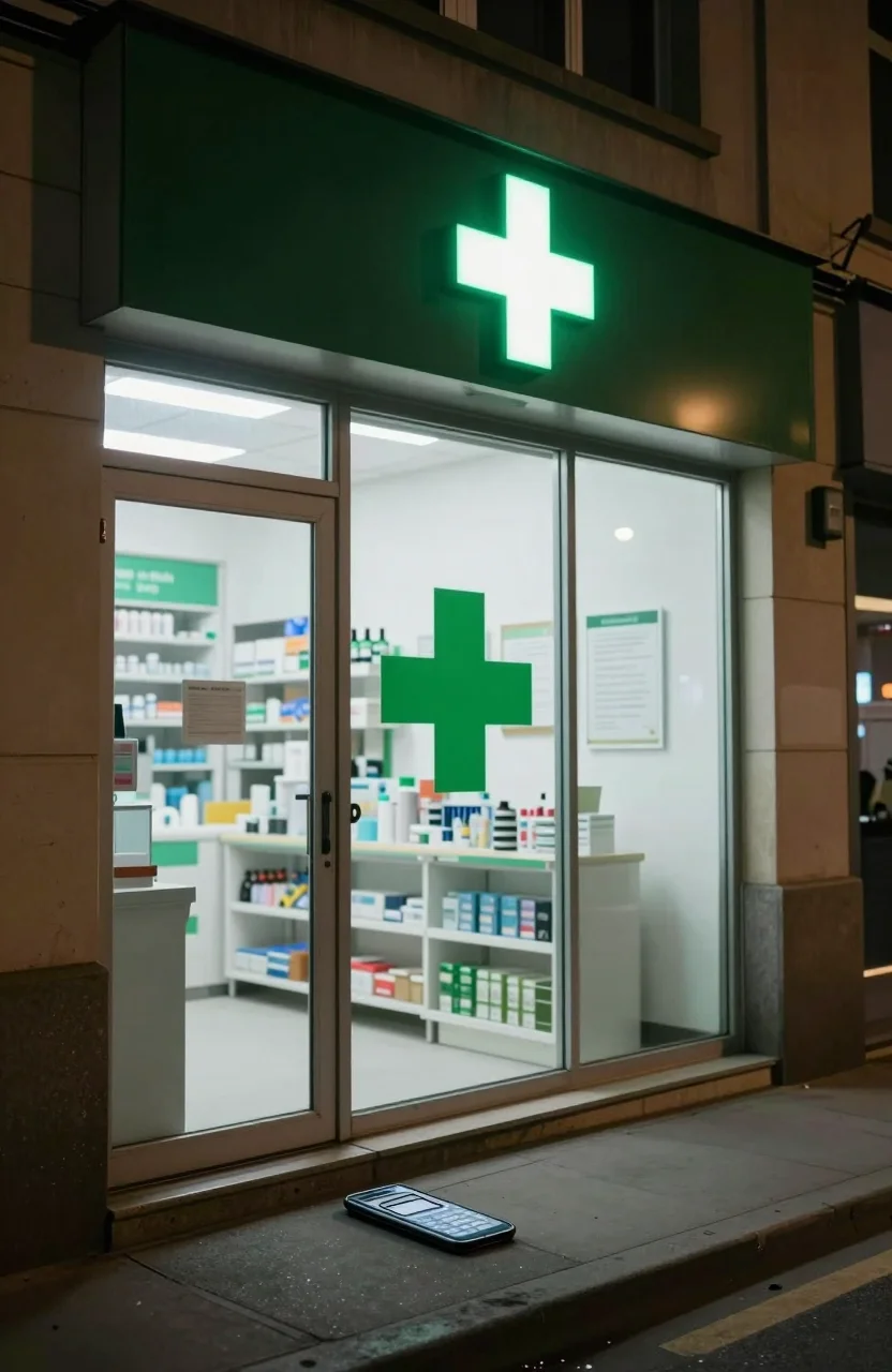 Téléphone posé près d'une vitrine de pharmacie de garde la nuit