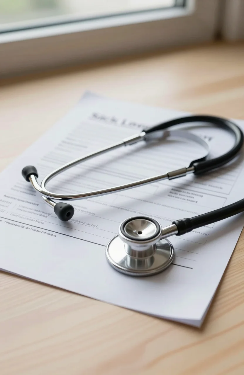Feuille d'arrêt de travail et documents médicaux sur un bureau