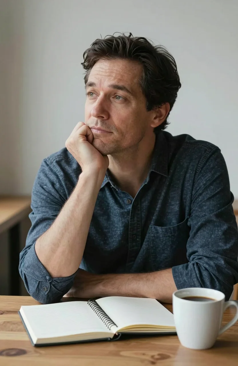 Personne adulte concentrée devant un carnet et une tasse, lumière douce du matin