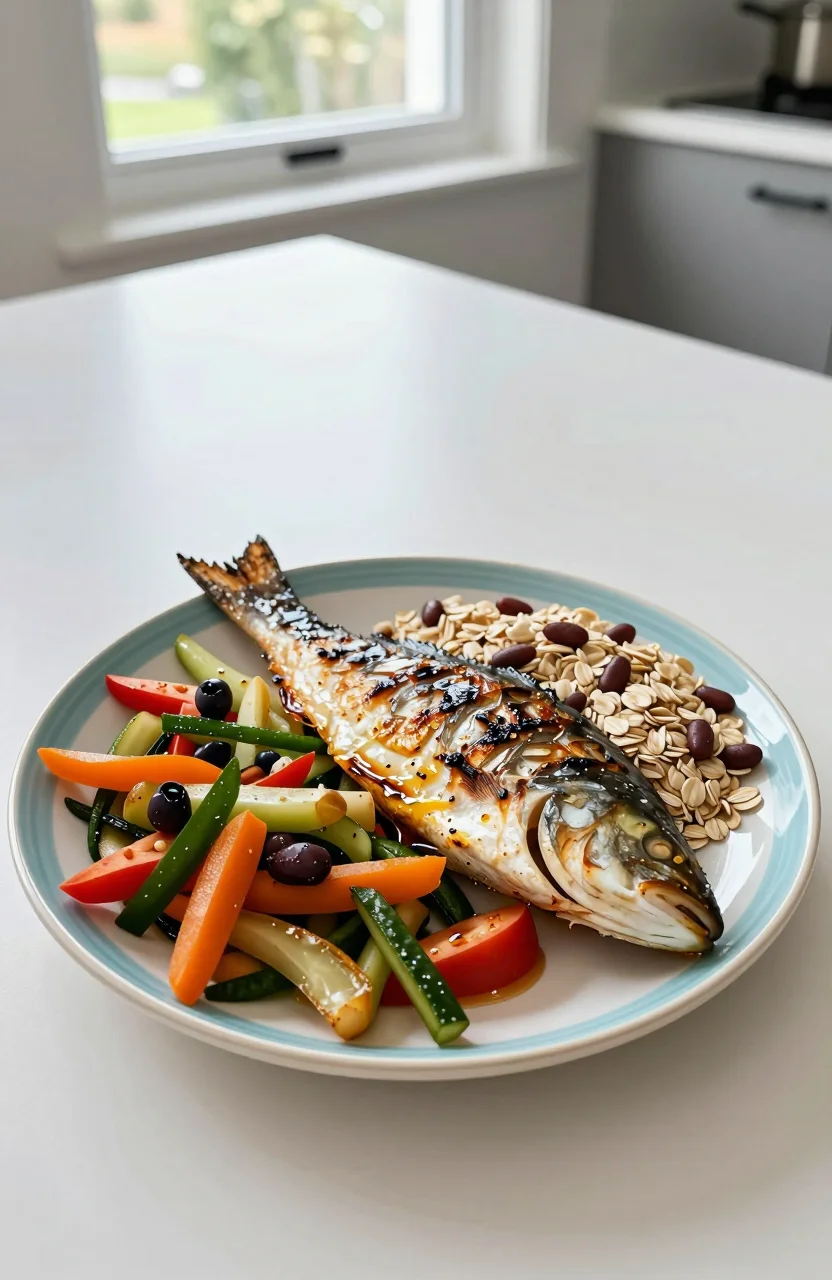 Assiette colorée riche en légumes fibres et poissons sur une table claire